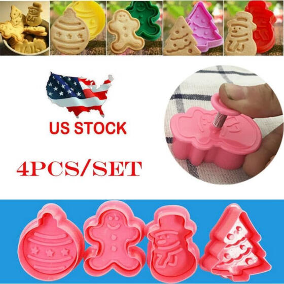 4Pcs Christmas Cookie Biscuit Plunger Cutter Mould Fondant Cake Mold Baking