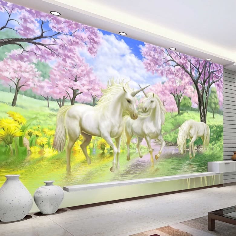 Custom 3D Mural Wallpaper Unicorn Dream Cherry Blossom