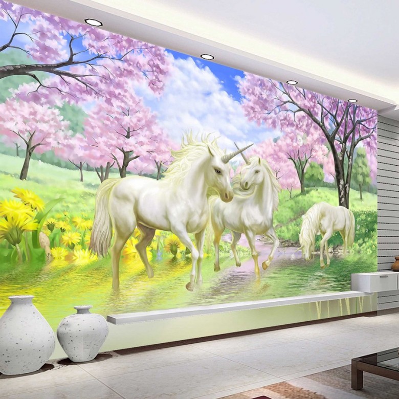 Custom 3D Mural Wallpaper Unicorn Dream Cherry Blossom