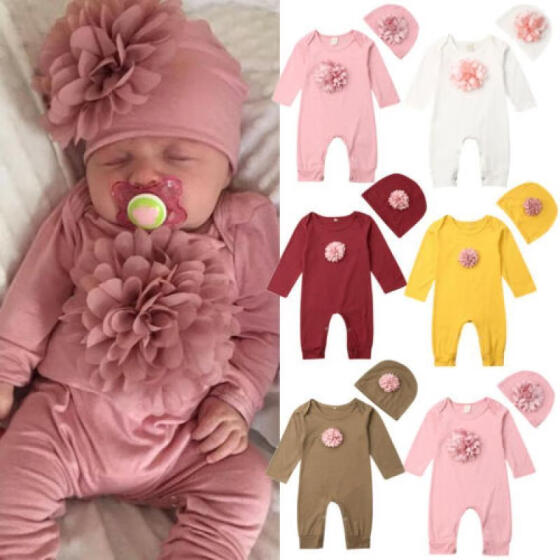 Newborn Baby Girl Clothes Flower Romper Jumpsuit Bodysuit Hat Outfit Set 2PCS