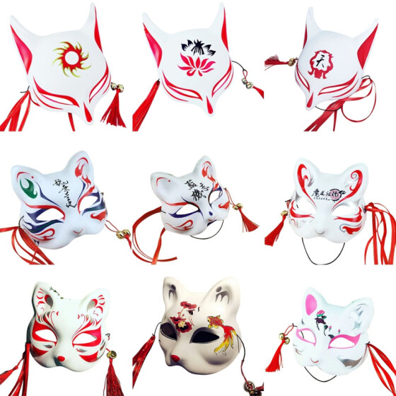 PVC Fox Full Face Mask Hand Painted Japanese Style Cosplay with Tassels/&Bells
