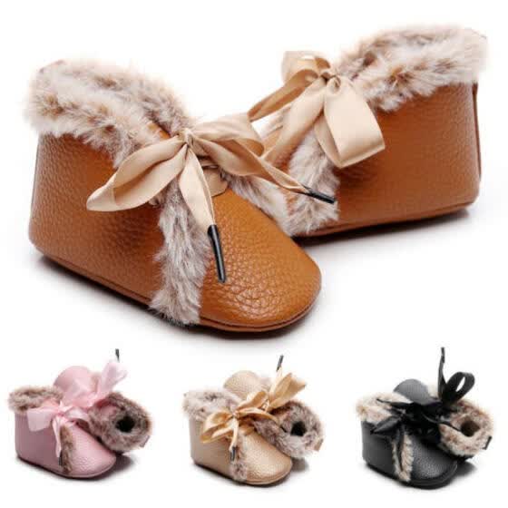 UK Newborn Baby Boy Girl Booties Sole Snow Boots Winter Warm Soft Fur Crib Shoes