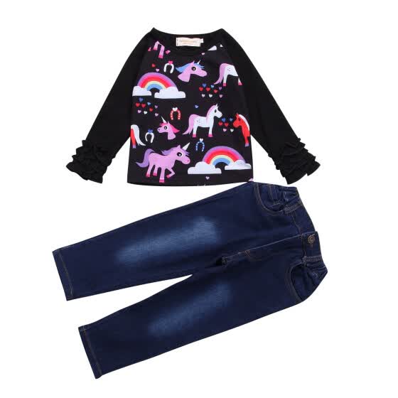 2Pcs Toddler Infant Girls Outfits Long Sleeve Tops Denim pants Kids Clothes Set