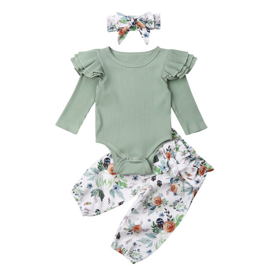 Baby Girls Sunflower Outfits Toddler Girl Long Sleeve Ruffle Romper with Headband Floral Clothes Set