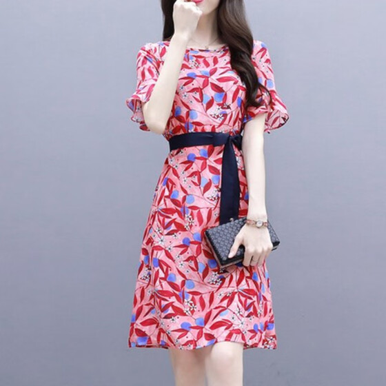 Transer Womens Cotton Linen T-Shirt Dress Crew Neck Short Sleeve Printed Slim Fit Summer Knee Length Dresses