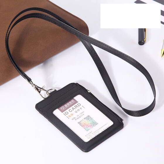 ID Badge Card Holder Pu Leather Vertical Clip Neck Strap Lanyard Necklace Case