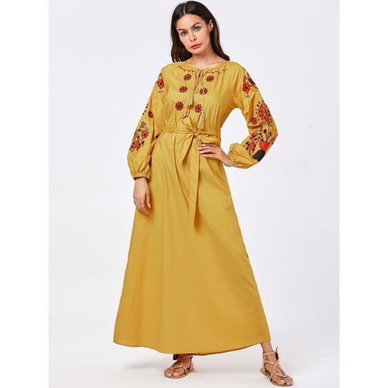 Shop Women's Kaftan Plant Embroidery Belt Arabian Clothing Online from ...