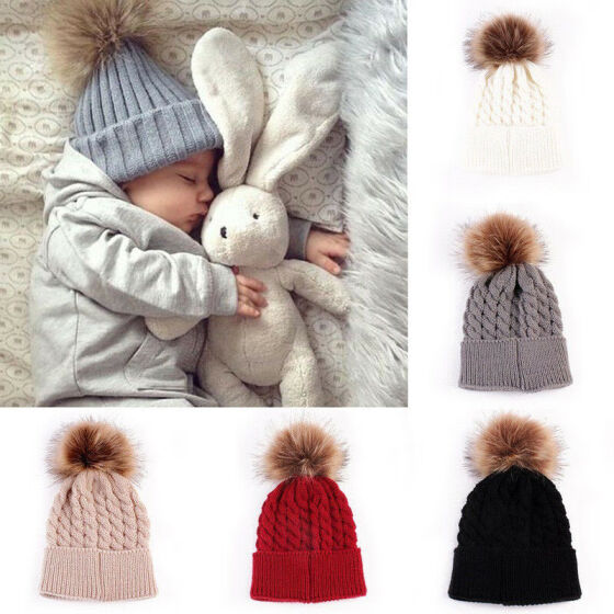 Cute Mother Baby Knitting Pom Bobble Hat Winter Warm Beanie Knitted Matching Cap