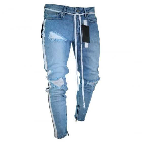 Shop 18 Men Stylish Ripped Jeans Pants Biker Skinny Slim Straight Frayed Denim Trousers New Fashion Skinny Jeans Men Clothes Online From Best Jeans On Jd Com Global Site Joybuy Com