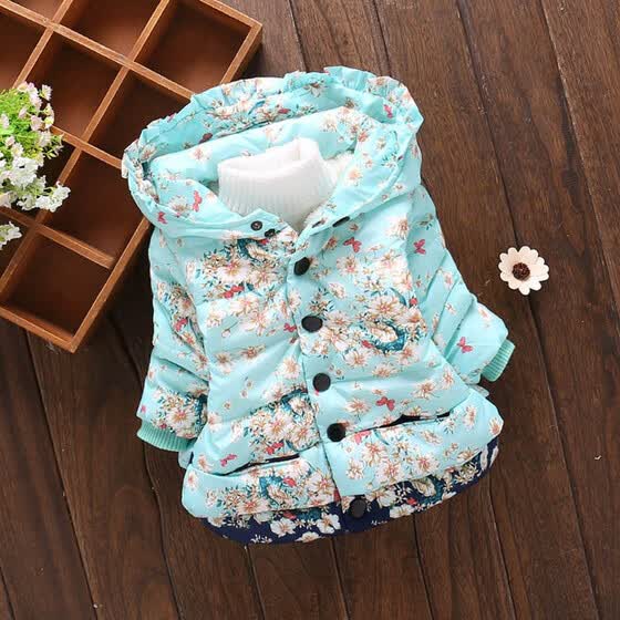 Toddler Baby Girl Boy Floral Print Winter Warm Jacket Hooded Windproof Coat