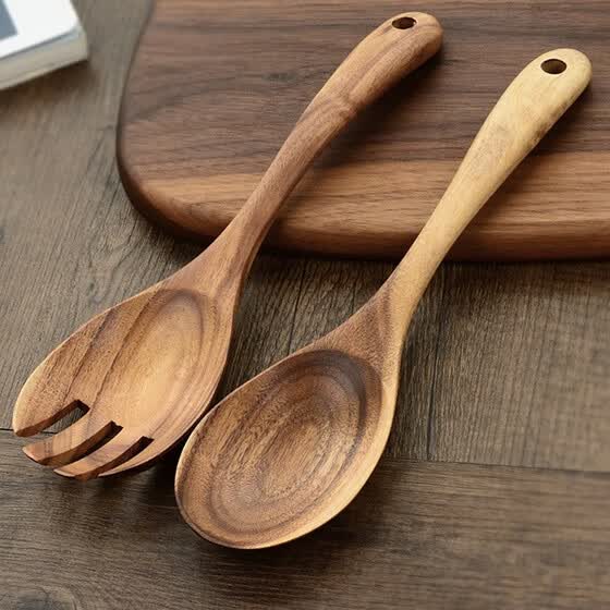 Shop 2 Pieces/Set Big Salad Serving Fork Natural Wood ...
