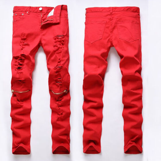 distressed red jeans