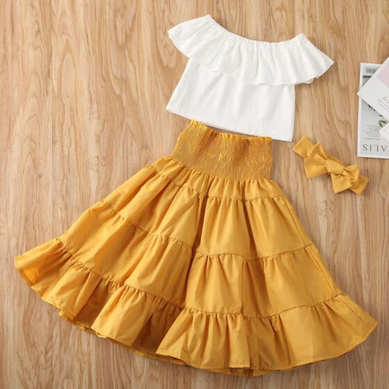 Toddler Kids Baby Girl Off Shoulder Lace Halter Crop Tops Ruffle Denim Skirt Dress Outfits Summer Clothes Set