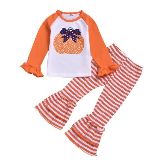 Toddler Kids Baby Girls Striped Pumpkin Outfits Clothes T-shirt Tops+Long Pants