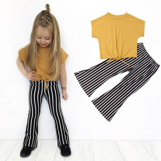 Flare Striped Pants Fall Clothes Set Toddler Kids Girl Leopard Bell Bottom Outfit Yellow Crop Top Shirt 
