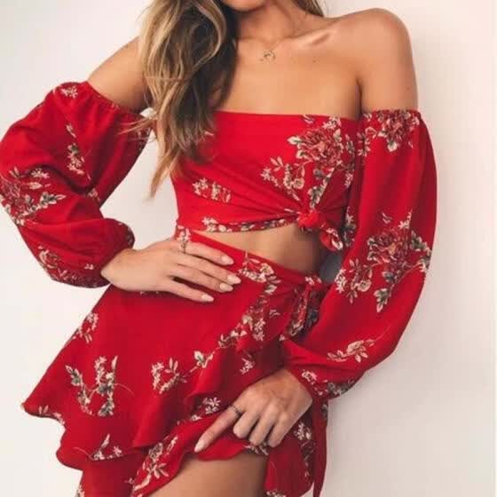Shop Fashion Women S Sexy Crop Top High Waist Short Skirt Off Shoulder Set Floral Summer Dress Online From Best Clothing Sets On Jd Com Global Site Joybuy Com