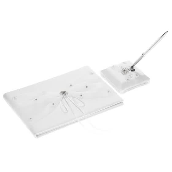 Shop White Satin Wedding Guset Signature Book And Pen Stand Set