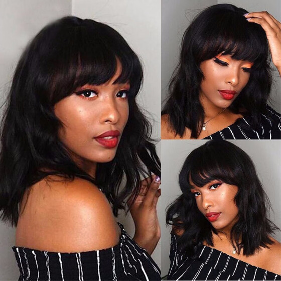 Shop Brazilian Virgin Hair Bob Cut Wavy Wig With Bangs Glueless