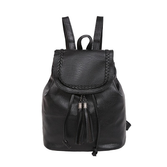 Women Casual Backpack Leather Tassels Black Drawstring Bags School Shoulder Bag