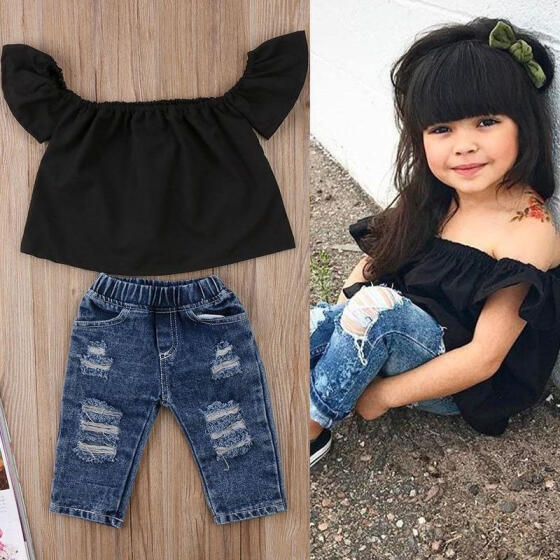 2PCS Toddler Kids Baby Girls Off Shoulder Tops+Jeans Pants Outfits Clothing Set
