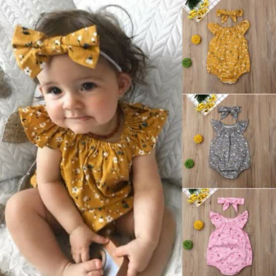 Newborn Baby Girl Floral Romper Jumpsuit Bodysuit Headband Outfits Clothes Set