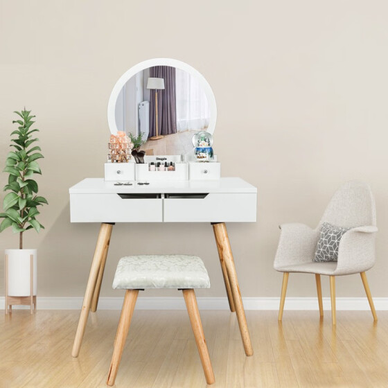 White Makeup Vanity Table Chair Set With Mirror And 4 Drawers Dressing Desk