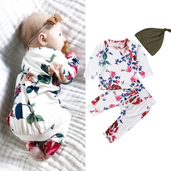3PCS Infant Kids Baby Girl Floral Long Sleeve Top Dress Pants Clothes Outfit Set
