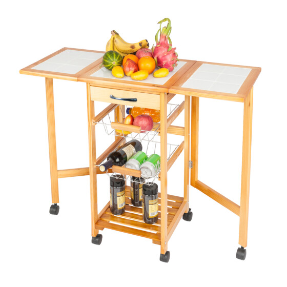 Wooden Rolling Kitchen Island Trolley Cart Storage Shelf W ...