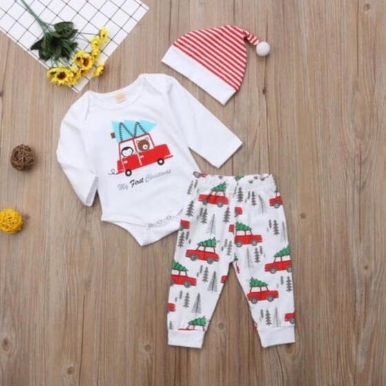 3PCS Newborn Baby Kid Boy Girl Christmas Clothes Tops Pants Hat Outfit Set 0-24M