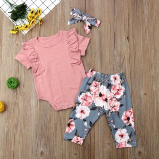3pcs Toddler Kids Baby Girls Clothes Outfits Ruffle Tops Dress+Floral Pants Set
