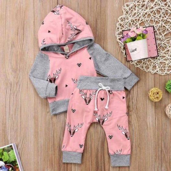 2pcs Toddler Baby Girls Boys Hooded T-shirts Top Pants Outfits Deer Clothing Set