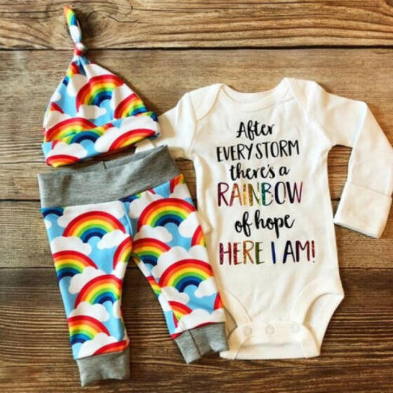 i-Auto Time Newborn Infant Baby Boy Girl Romper+Rainbow Pants+Hat Outfits Clothes Set