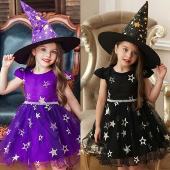 UK Kid Baby Girl Halloween Clothes Party Star Lace Dress Witch Hat Summer Outfit