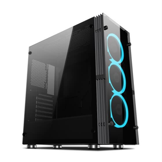 Aigo Atlantis ATX Mid-Tower Desktop Computer Gaming Case Tempered Glass Windows with 120mm LED Ring Fans Ice Blue Ring Fans Pre-Installed (with 3 Ice Blue Fans)