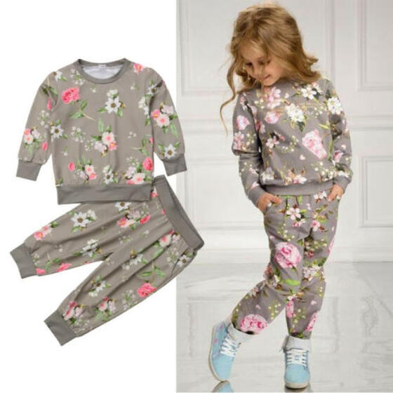 UK Flowers Kids Baby Girl Cotton Clothes T-shirt Top Pants Outfit Sets Tracksuit