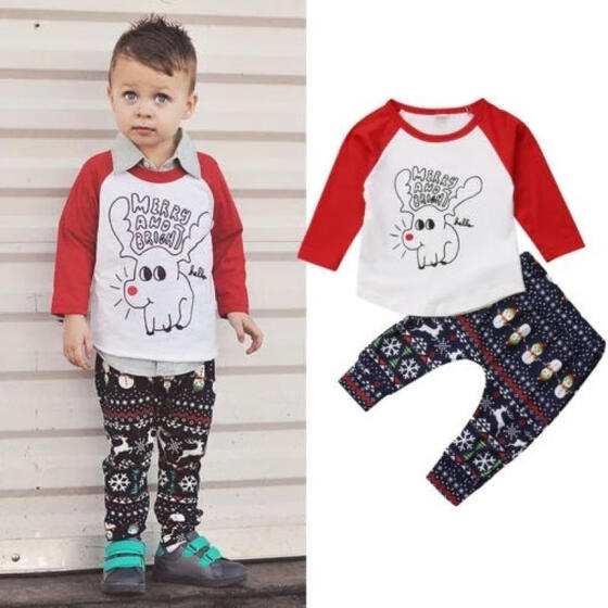 2pcs Newborn Kids Baby Boy Girl Xmas Clothes T-shirt Tops+Long Pants Outfits Set