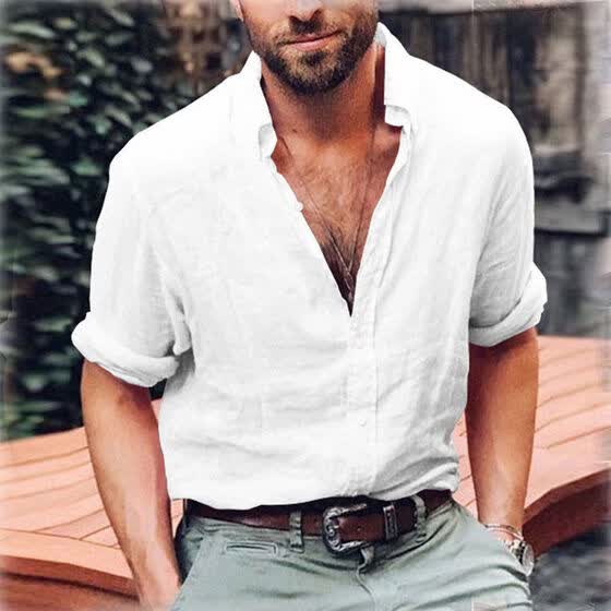 Men/'s Linen Long Sleeve Shirt Summer Cool Loose Casual V-Neck Shirts Tops M-3XL
