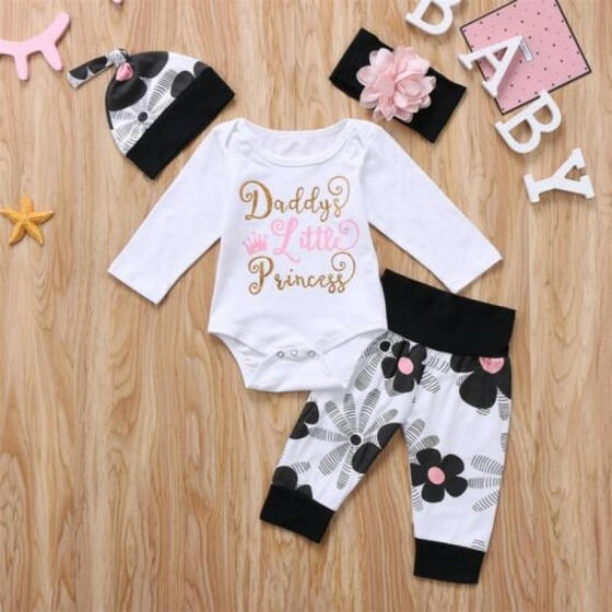 4PCS Newborn Baby Girl Romper+Floral Legging Pants+Headband+Hat Outfit Set