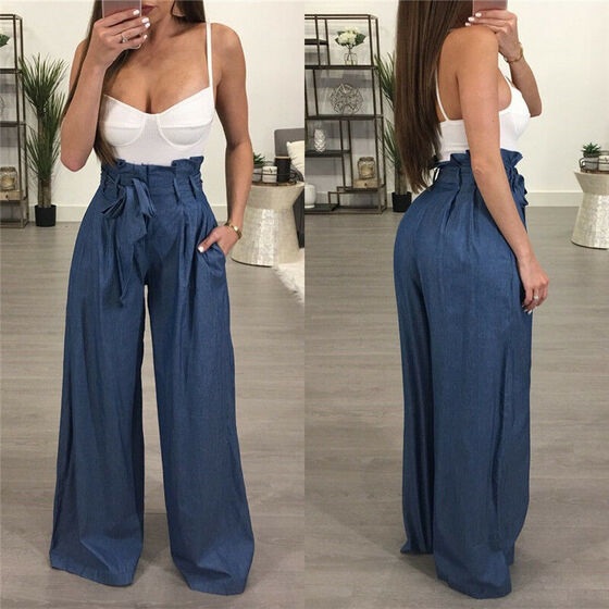 Womens High Waist Paper bag Trousers Ladies Slim Fit Long Pencil OL Office Pants