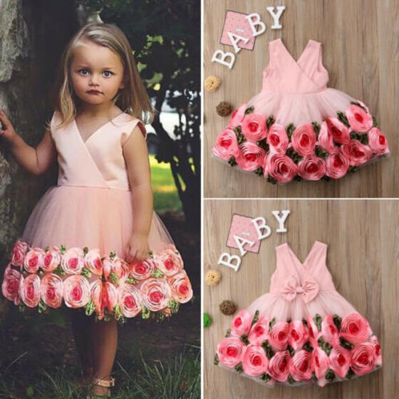 Girls Bridesmaid Dress Baby Flower Kids Party Rose Bow Wedding Dresses Princess