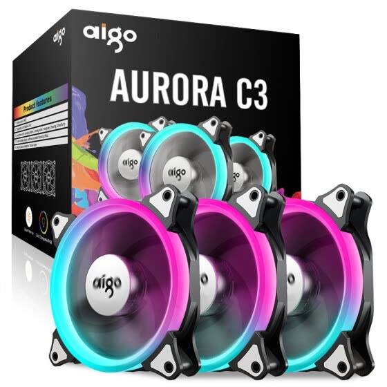 Aigo Aurora C3 Kit 3 Pack RGB Case Fan LED 120mm Speed Controllable High Performance High Airflow Adjustable Color PC CPU Computer Case Cooling Cooler With Controller