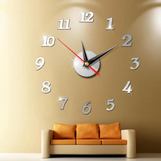 Modern DIY Large Numbers 3D Wall Clock Mirror Sticker House Decoration Silver M