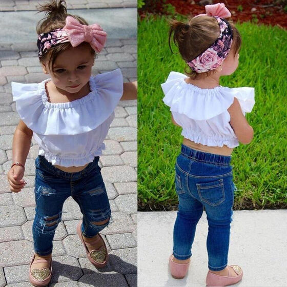Baby Girl Kids Summer Tank Top T-shirt Shirt Clothes+Jeans Long Pants Outfit Set