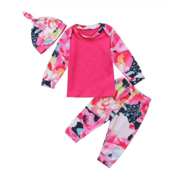 Toddler Baby-Boys-Girls Floral Print Tops T-Shirt Pants Hat Outfits Set