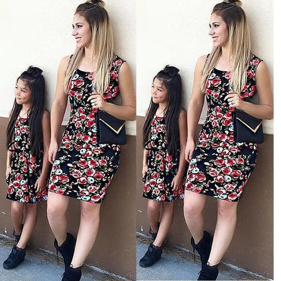 Mother Daughter Summer Casual Floral Striped Long Maxi Dress Sundress Skirt Gown