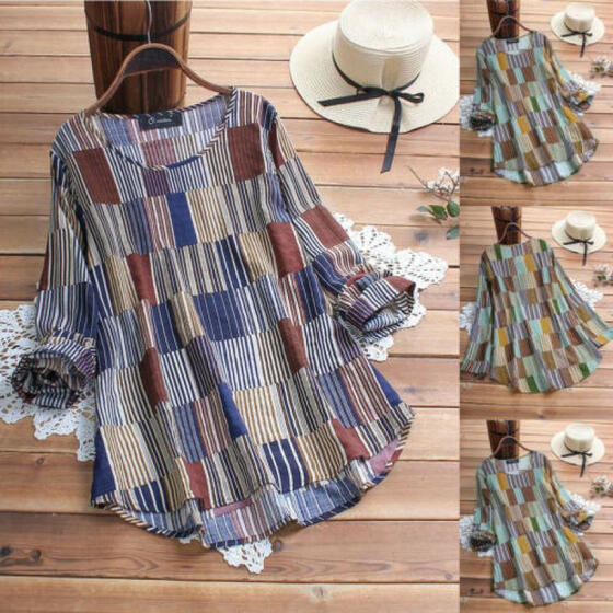 Women Plus Size Summer Striped V Neck Blouses Loose Baggy L Casual Tops T Shirts