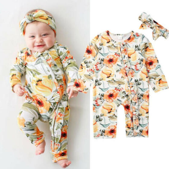 Newborn Infant Baby Girl Clothes Jumpsuit Romper Bodysuit Headband Outfits Set