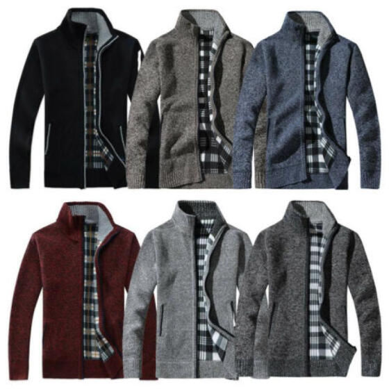 Mens Soft Knitted Zip Up Funnel Neck Jacket Cardigan Jumper Sweater Plain Top