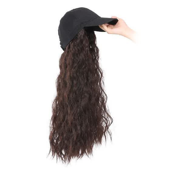 Shop Black Baseball Cap With Synthetic Natural Wavy Hair