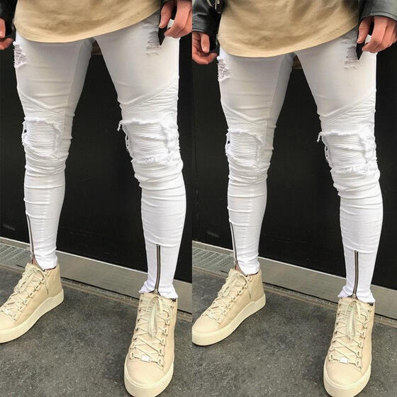 Men/'s Straight Elastic Denim Pants Slim Skinny Runway Destroyed Ripped Jeans